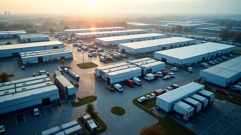 Luftaufnahme eines europäischen Produktionszentrums mit Lagerhallen und Transportfahrzeugen bei Tageslicht