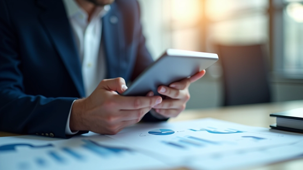 Tablet zeigt Förderprogramme und finanzielle Daten, mit Diagrammen und Zahlen, Schreibtisch mit Business-Unterlagen