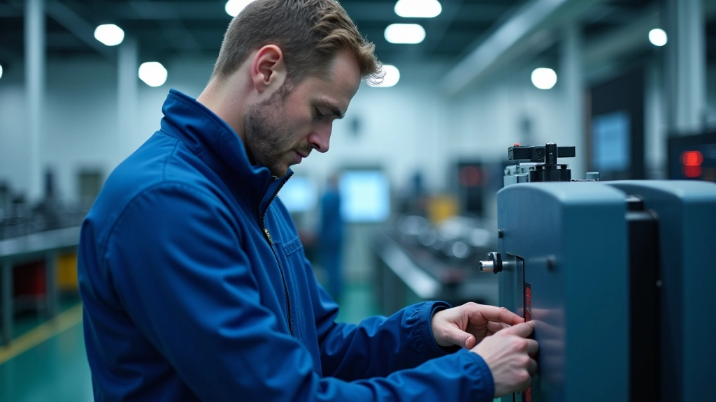 Ingenieurin in moderner Fabrik bedient hochmoderne Fertigungsmaschine mit digitaler Anzeige