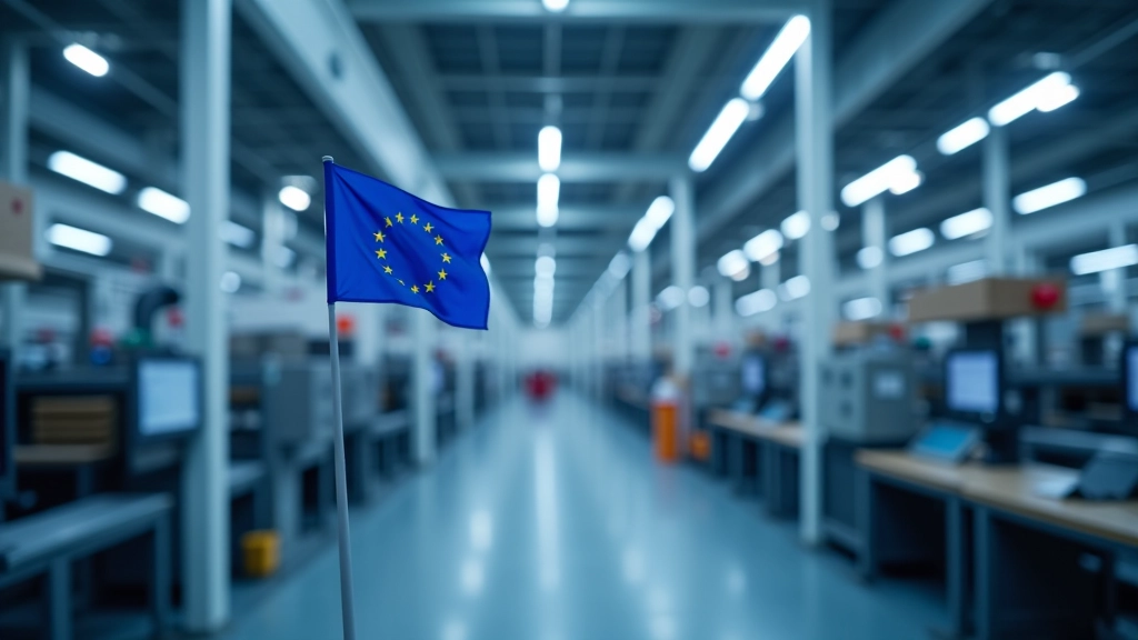 Europäische Fabrik in Polen oder Tschechien mit modernen Fertigungsanlagen, EU-Flagge sichtbar