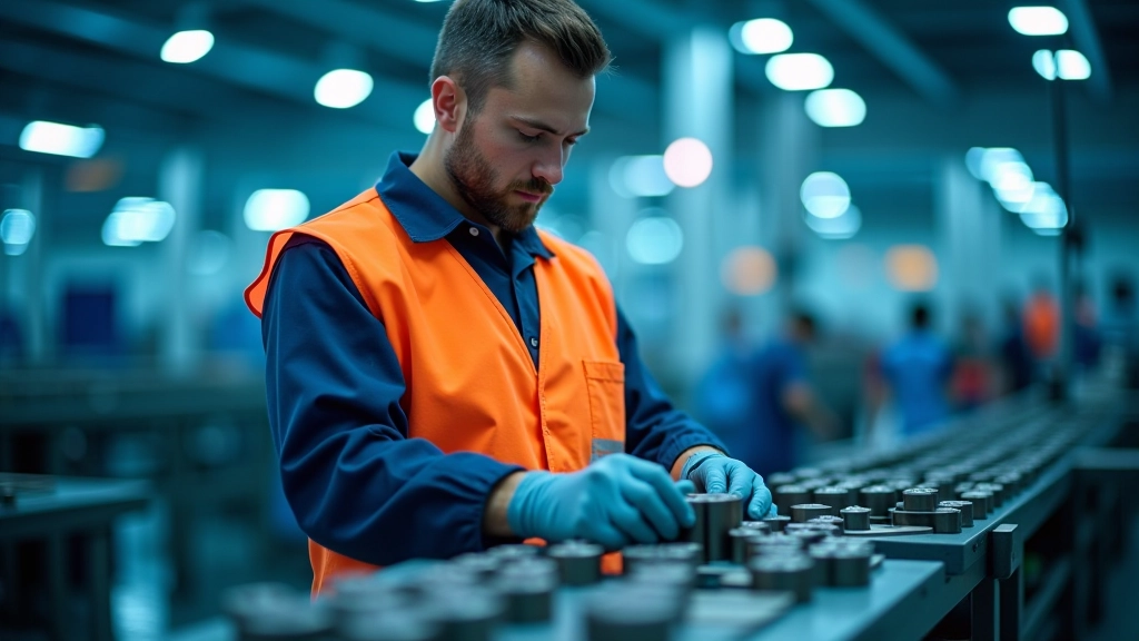 Fabrikarbeiter inspiziert metallische Komponenten auf einem Fließband, moderne Fertigungshalle mit blauer Beleuchtung