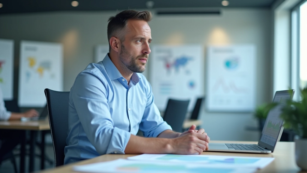 Logistik-Manager studiert Karte mit europäischen Lieferkettenstrecken, Schreibtisch mit Karten und Daten, professionelles Büro