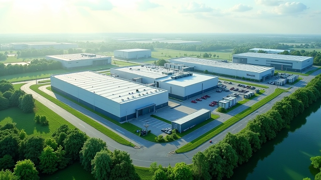 Luftaufnahme einer modernen Industrieanlage mit mehreren Produktionsgebäuden und grünen Flächen