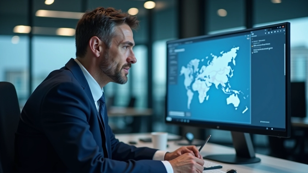 Logistik-Manager studiert Lieferkettennetzwerk auf digitalem Display mit europäischer Karte