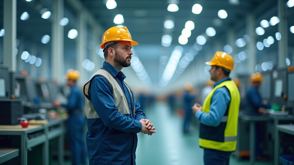 Moderne Fabrikhalle mit Produktionslinien und Arbeitern, gute Beleuchtung, europäische Industrieanlage