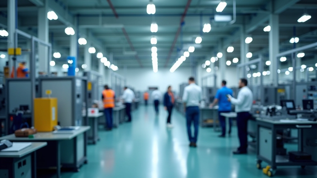 Moderne Fabrikhalle mit Produktionsanlagen und Arbeitern in einer deutschen Fertigungsstätte