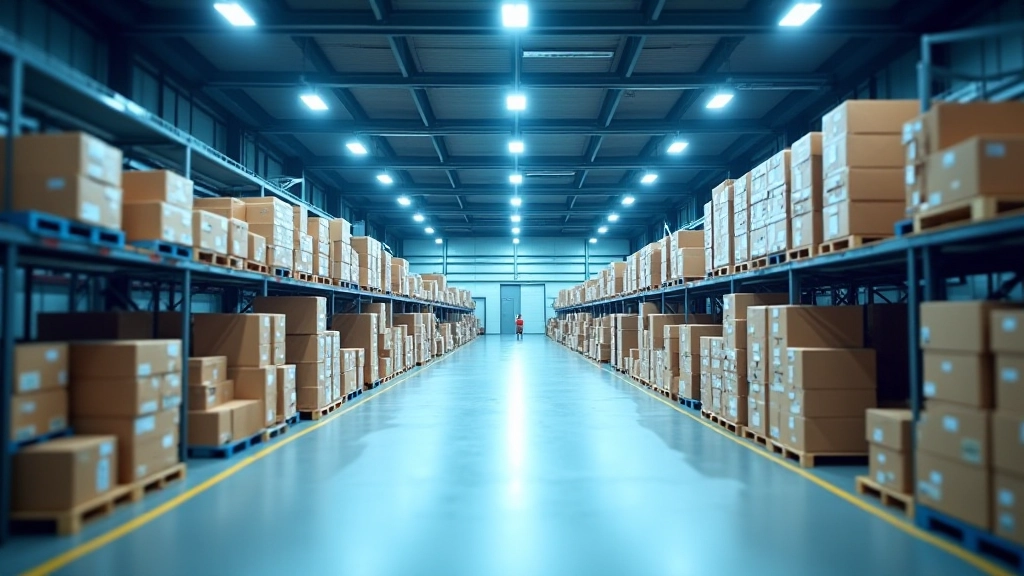 Modernes Logistikzentrum mit Lagerverwaltungssystemen und Paletten, Industriegebäude mit LED-Beleuchtung