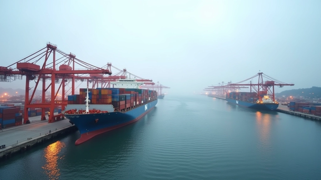 Überfüllter Containerhafen mit Hunderten gestapelten Versandcontainern unter grauem Himmel