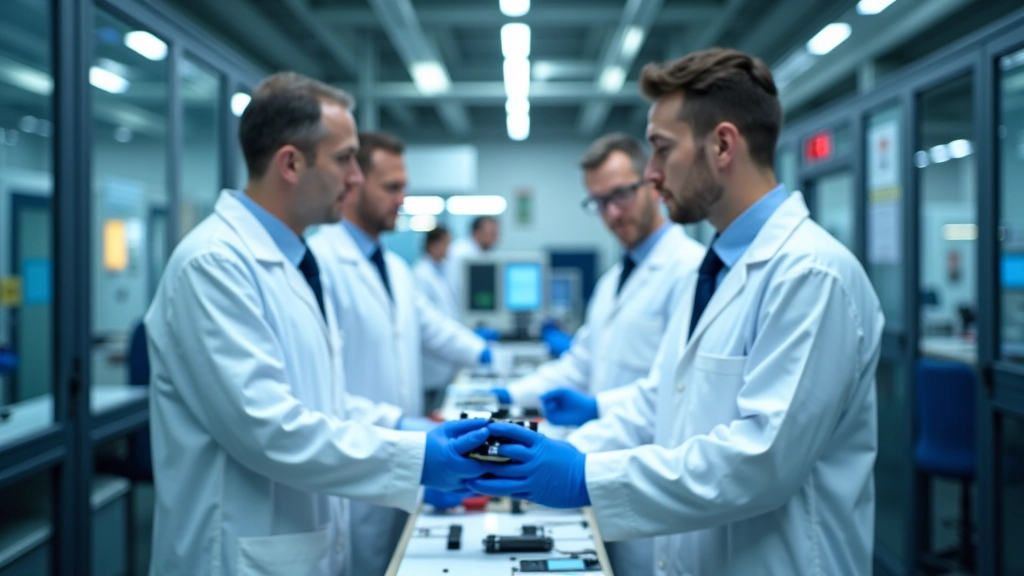 Wissenschaftler und Ingenieure in modernem Forschungslabor, arbeiten an Batterieprototypen und Testsystemen